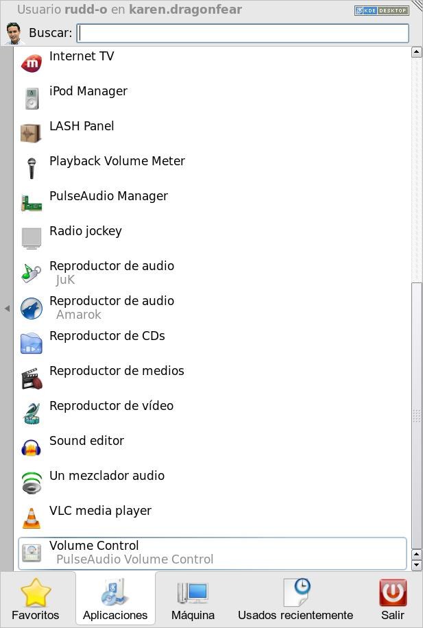Applications menu showing the volume control