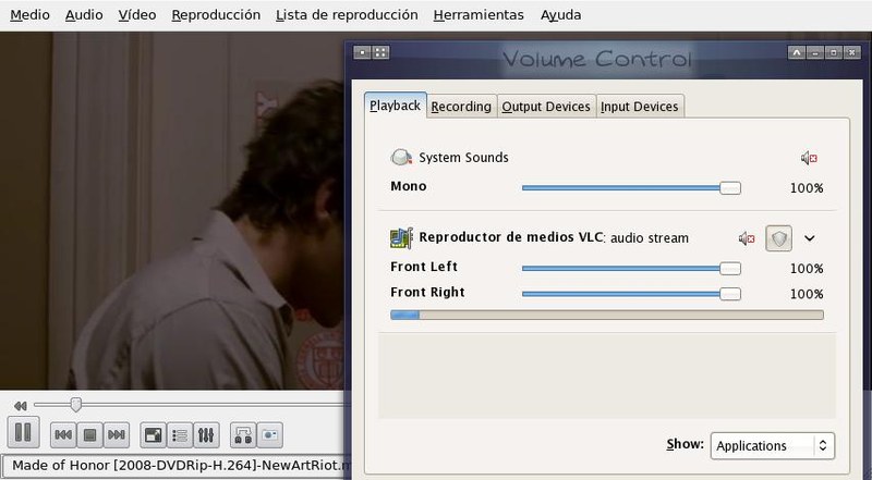 PulseAudio volume control, showing VLC